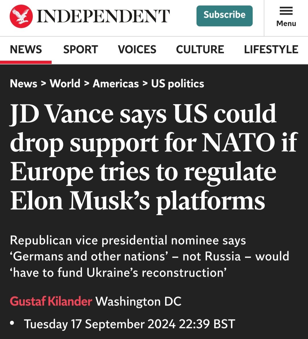 "We will let Russians bomb the EU into oblivion if you try to limit Elon Musk's disinfo blitz on the minds of your people. Sincerely, The US Government "