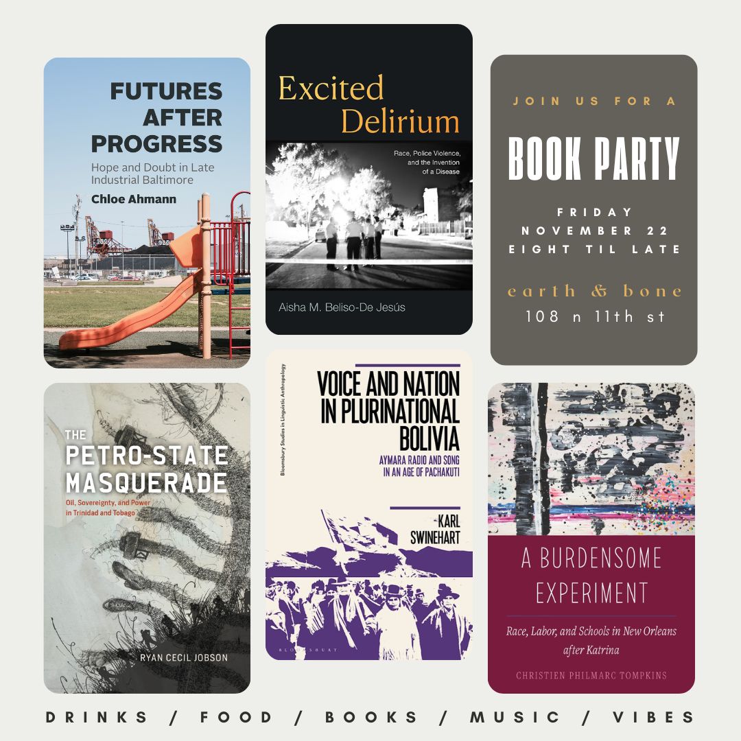 Chloe Ahmann (@chloeahmann) on Twitter photo Lots of bad going around #anthrotwitter BUT ALSO a few of us are hosting a book party at the #AAA2024Tampa at earth & bone studio. Friday from 8–late. We'll have food, drinks, music, and catharsis. Good vibes only. Come hang! 📚🥂💃🎉
<a href="/RyanCecilJobson/">Ryan Cecil Jobson</a> <a href="/Beliso_DeJesus/">Aisha Beliso-DeJesus</a> <a href="/cpt2103/">Christien Tompkins</a> Lots of bad going around #anthrotwitter BUT ALSO a few of us are hosting a book party at the #AAA2024Tampa at earth & bone studio. Friday from 8–late. We'll have food, drinks, music, and catharsis. Good vibes only. Come hang! 📚🥂💃🎉
<a href="/RyanCecilJobson/">Ryan Cecil Jobson</a> <a href="/Beliso_DeJesus/">Aisha Beliso-DeJesus</a> <a href="/cpt2103/">Christien Tompkins</a>