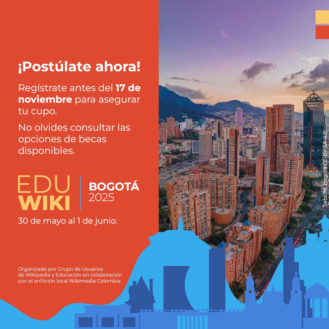 wikimediaco's tweet photo. 💥 ¡Tenemos excelentes noticias! La Conferencia #EduWiki 2025 se llevará a cabo en #Bogotá. 🎟Postúlate para una beca hasta el 📅17 de noviembre de  2024.📍#EduWiki2025 se llevará a cabo en inglés. 

➡️Regístrate en https://t.co/eGinQH5fTX https://t.co/FgSwmjiDWi