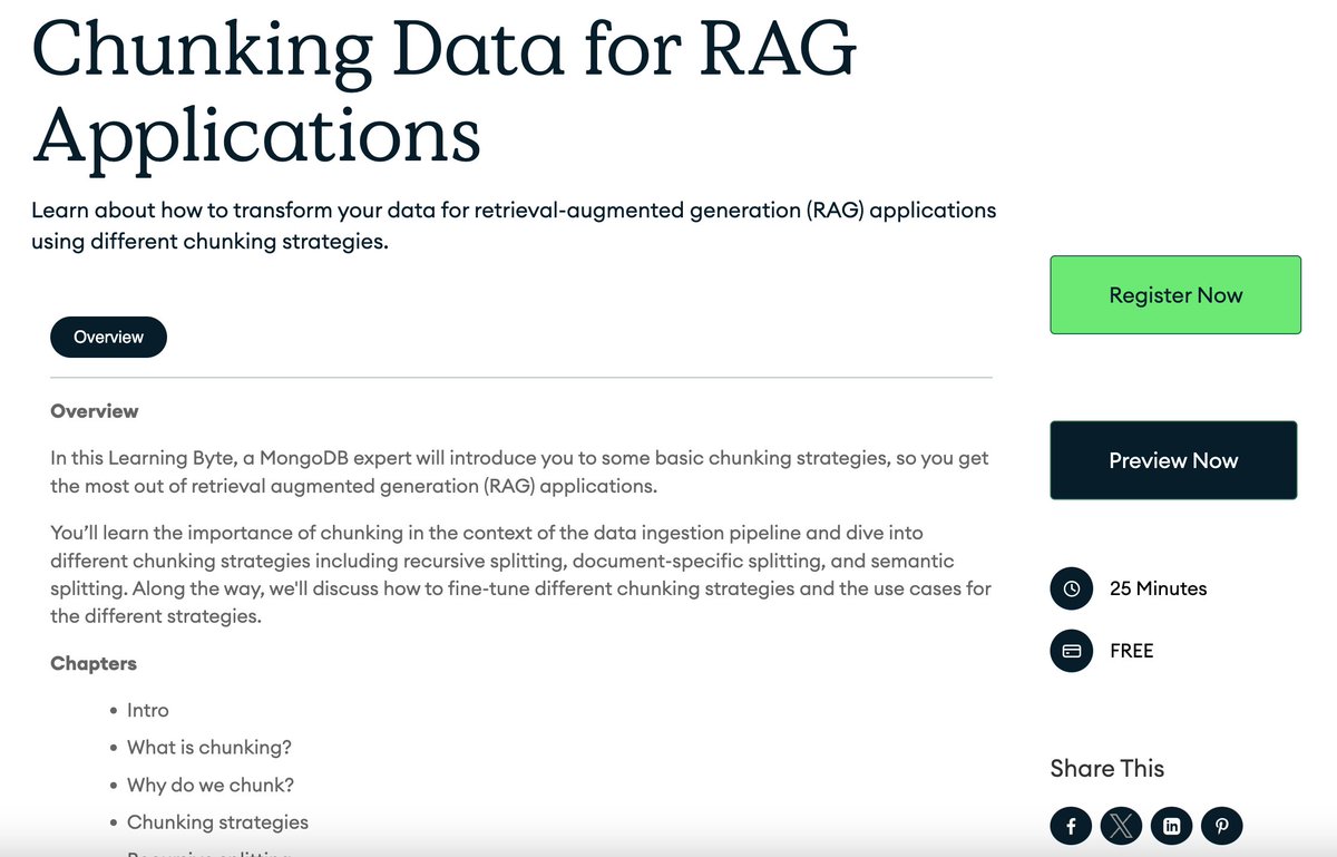 LangChainAI's tweet image. ✂️Chunking Data for RAG Applications

Learn about how to transform your data for retrieval-augmented generation (RAG) applications using different chunking strategies.

Covers: recursive splitting, document-specific splitting, and semantic splitting

learn.mongodb.com/courses/chunki…