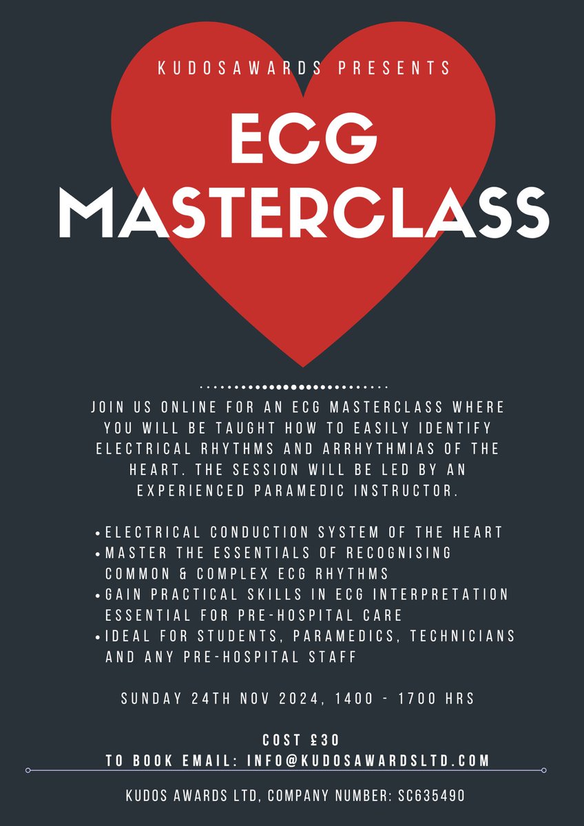 Enhance your ECG interpretation skills with our online masterclass, delivered by an experienced paramedic instructor on behalf of Kudos Awards!

Sunday, 24th November 2024 @ 14:00 - 17:00 , Cost:  £30  

To book or get more info, email: info@kudosawardsltd.com  

#ECGMasterclass