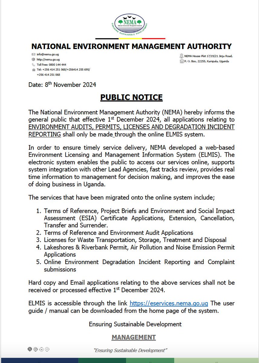 Kalikumutima & Co Advocates (@kalikumutimalaw) on Twitter photo 1/2: <a href="/nemaug/">National Environment Management Authority (NEMA)</a> Alert!
Starting Dec 1, 2024, all environmental audit, permit, license, complaint & degradation incident report applications will be online. #NEMA #ELMIS #EnvironmentalRegulations
<a href="/epuganda/">Environment Parliament</a> <a href="/min_waterUg/">MINISTRY OF WATER AND ENVIRONMENT 🇺🇬</a> <a href="/unaaorg/">UNAA</a> <a href="/ministry_lands/">Ministry of Lands,Housing and Urban Development</a> 1/2: <a href="/nemaug/">National Environment Management Authority (NEMA)</a> Alert!
Starting Dec 1, 2024, all environmental audit, permit, license, complaint & degradation incident report applications will be online. #NEMA #ELMIS #EnvironmentalRegulations
<a href="/epuganda/">Environment Parliament</a> <a href="/min_waterUg/">MINISTRY OF WATER AND ENVIRONMENT 🇺🇬</a> <a href="/unaaorg/">UNAA</a> <a href="/ministry_lands/">Ministry of Lands,Housing and Urban Development</a>