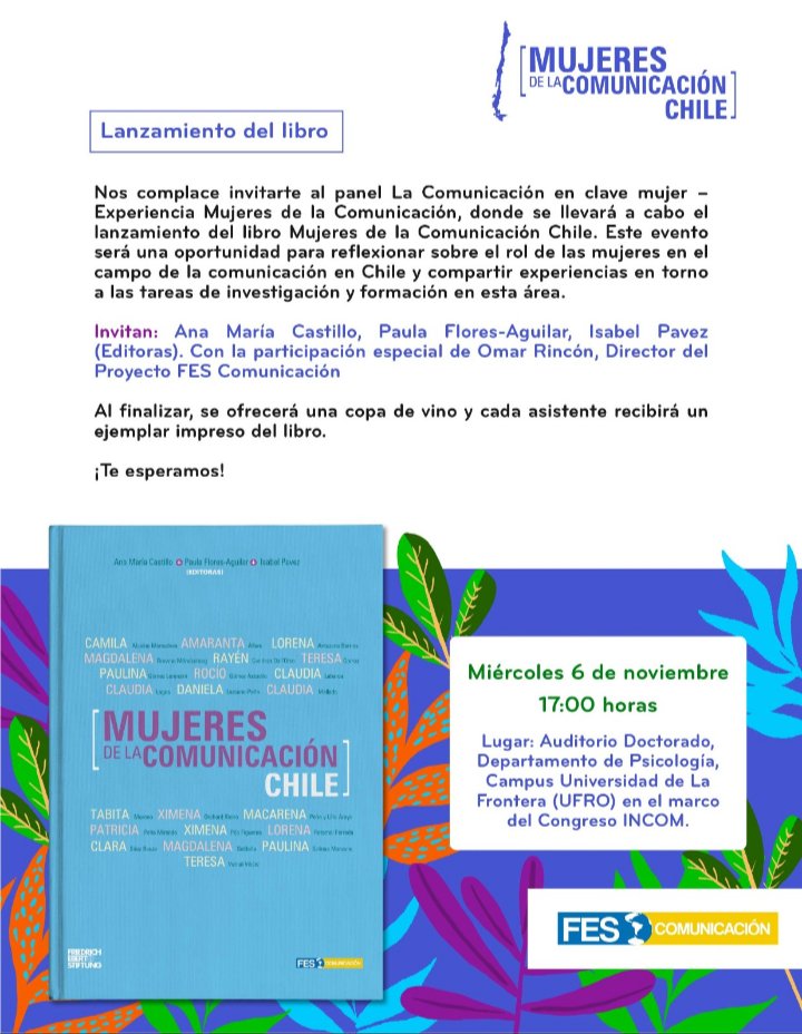 Amaranta Alfaro (ella/she/her) (@anta_a) on Twitter photo Lanzamiento Libro Mujeres en la Comunicación de #fes un honor compartir estas páginas con admirables mujeres, colegas y amigas como <a href="/ximenapoo/">ximena poo</a> <a href="/XimeOrch/">Ximena Orchard</a> #ximenapoo
<a href="/terepaz/">Teresa Paz Vernal</a> #patypeña #claudialagos #LoreAntezana <a href="/danilazcano/">Daniela Lazcano-Peña</a> <a href="/brownemagdalena/">Magdalena Browne</a> <a href="/isabel_pavez_a/">Isa Pavez</a> <a href="/claumellado/">Claudia Mellado</a>🧵1/3 Lanzamiento Libro Mujeres en la Comunicación de #fes un honor compartir estas páginas con admirables mujeres, colegas y amigas como <a href="/ximenapoo/">ximena poo</a> <a href="/XimeOrch/">Ximena Orchard</a> #ximenapoo
<a href="/terepaz/">Teresa Paz Vernal</a> #patypeña #claudialagos #LoreAntezana <a href="/danilazcano/">Daniela Lazcano-Peña</a> <a href="/brownemagdalena/">Magdalena Browne</a> <a href="/isabel_pavez_a/">Isa Pavez</a> <a href="/claumellado/">Claudia Mellado</a>🧵1/3