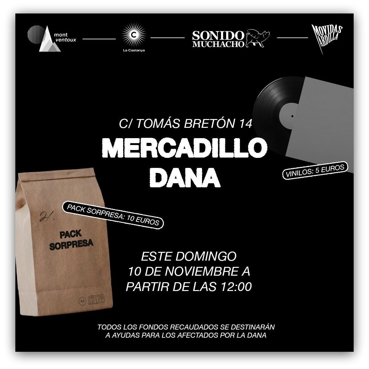 Mañana, en Madrid, puedes colaborar en paliar los efectos de la Dana en Valencia comprando algunos regalos de Navidad para tus amigos.
Mercadillo solidario musical en las oficinas de <a href="/SonidoMuchacho/">Sonido Muchacho</a>.
¡ Pásalo 🔄 !