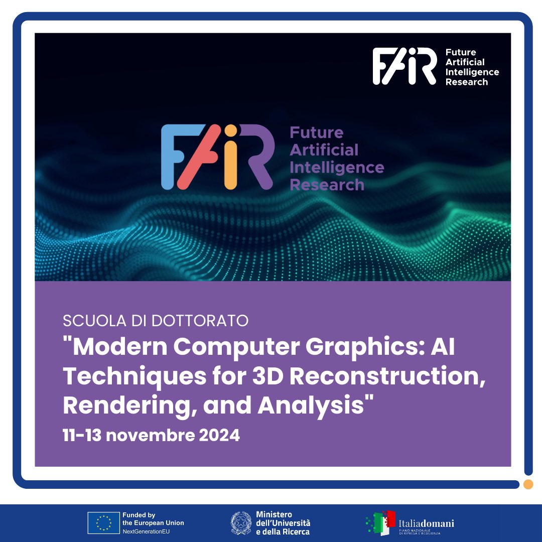 fondazione_fair's tweet image. Scuola di dottorato "Modern Computer Graphics"
📅 11-13/11📍Verona
Per dottorandi e post-laurea su #VisualComputing e #AI. Con esperti su IA generativa, gemelli digitali, rendering e XR. Guidato da Daniela Giorgi @IstiCnr_It, in collaborazione con FAIR.
🔗 fondazione-fair.it/evento/scuola-…