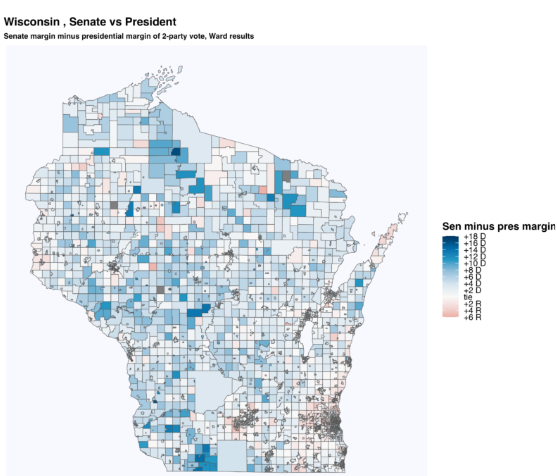 Great map below by <a href="/PollsAndVotes/">Charles Franklin</a> showing where Tammy Baldwin most outperformed Harris in WI (in blue), linked here: bit.ly/4hHKswT with data from <a href="/jdjmke/">John D. Johnson</a> 
my story on the Baldwin-Trump split outcome, and where Hovde underperformed Trump, here: 
bit.ly/3AL18CW