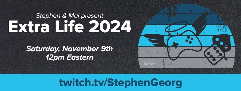 Extra Life is now! Playing video games — that your donations choose — all day to support our children’s hospital!

Donate: extra-life.org/participant/st… 

Watch: twitch.tv/stephengeorg