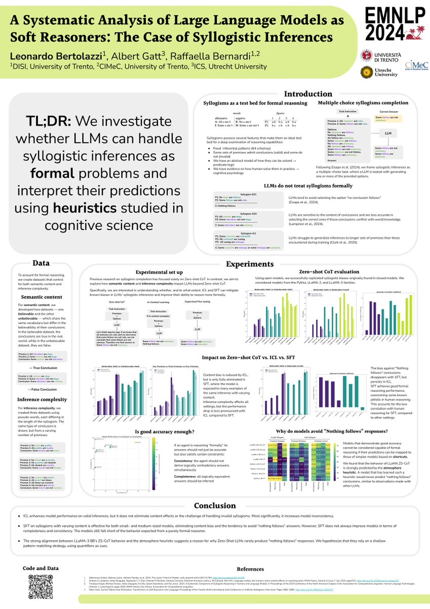 🌴 I’ll present "A Systematic Analysis of Large Language Models as Soft Reasoners: The Case of Syllogistic Inferences" at #EMNLP2024 in Miami

If you'd like to learn more about the paper, come see our poster on Tuesday 12th from 11:00 to 12:30 - I’d be happy to chat with you!