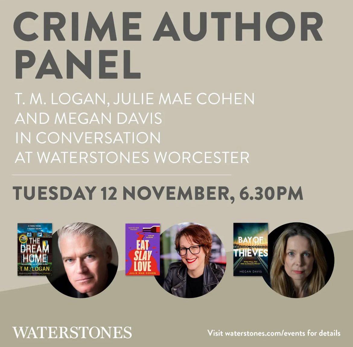 I'll be in Worcester on Tuesday evening (Nov 12th) chatting about thrillers with fellow authors <a href="/julie_cohen/">Julie Cohen</a> and <a href="/MeganDavis931/">Megan Davis</a> - come along to Waterstones and say hello! 
waterstones.com/events/crime-a…