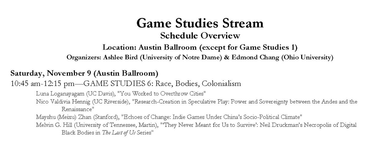 Up next #SLSA2024 #GameStudies 6: Race, Bodies, Colonialism... .<a href="/SocLitSciArts/">SLSA</a> (Room change: NOW IN PRESS CLUB)