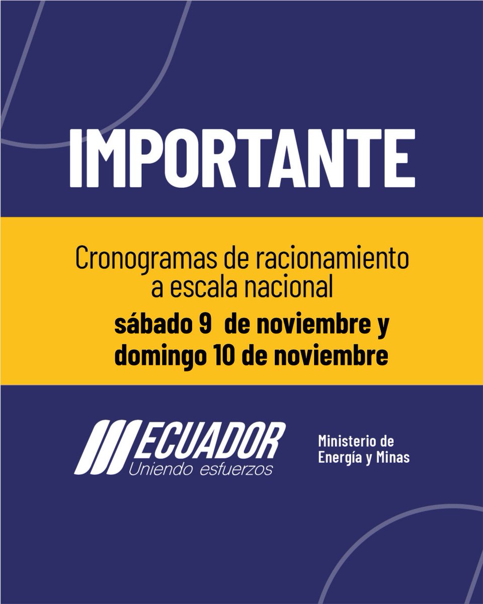 ViceminEnergia's tweet photo. 📍¡IMPORTANTE!

📌Informamos a la ciudadanía sobre la suspensión  del servicio de energía eléctrica, a escala nacional, para el sábado 09 y domingo 10 de noviembre.

🔸Conoce la programación en el siguiente enlace👉 https://t.co/Bb3pIo3u7X https://t.co/nyTyNcTfFy