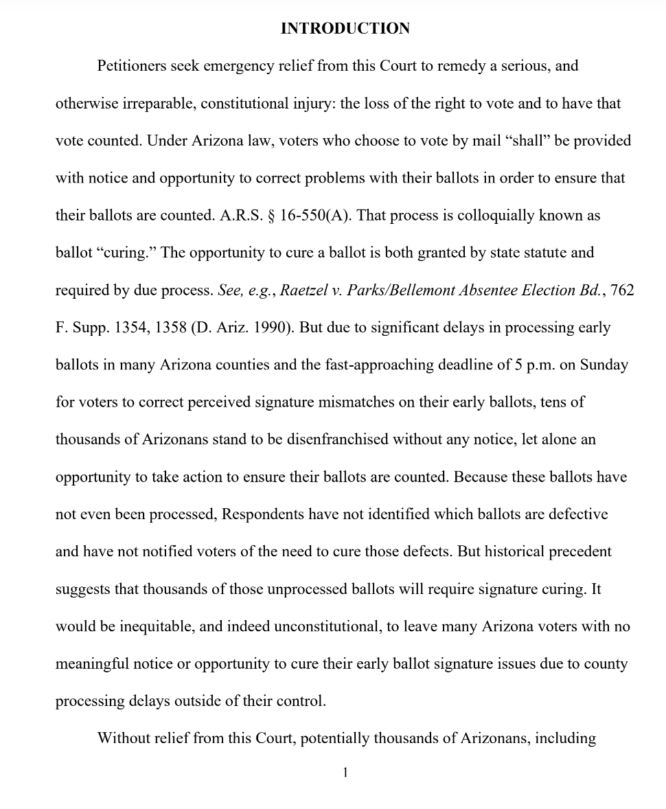 JenAFifield's tweet photo. BREAKING: ALCU and Campaign Legal Center just petitioned the Arizona Supreme Court asking to extend the deadline for voters to respond to problems with their mail ballot signatures, because of delays counting ballots & notifying voters.
UPDATE, with link: https://t.co/qLYpE8kcWe https://t.co/rKKrZkUduv