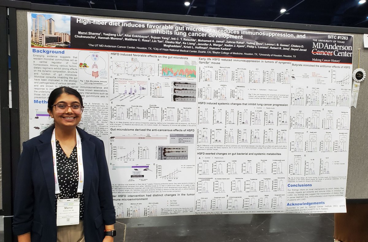 Our postdoctoral fellow Dr. @Manvi_Sharma1 of MD Anderson’s Dr. @Humam_Kadara lab shared findings on the impact of dietary fiber on the gut microbiome, with implications for effects on immunotherapy response (Abstract 1263). @SITCancer #SITC24 #EndCancer