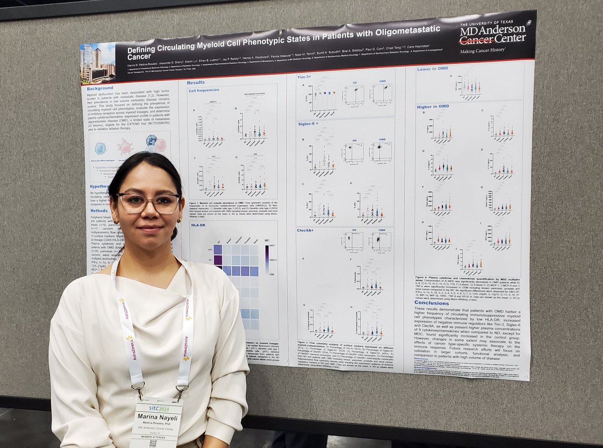 UTMDAnderson's tweet photo. Research led by our postdoctoral fellow Dr. Marina Medina Rosales focused on defining the phenotypic states of circulating myeloid cells in patients with oligometastatic cancer (Abstract 891). @ChadTangMD @Cara_Haymaker @SITCancer #SITC24 #EndCancer https://t.co/o2bEH3vWP2