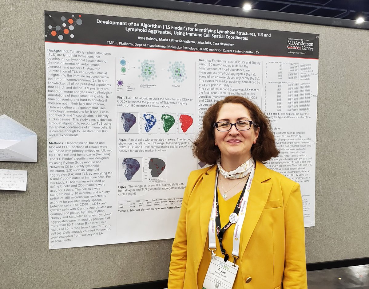 UTMDAnderson's tweet photo. Featuring work done with our Drs. Luisa Solis Soto and @Cara_Haymaker, our Dr. Ayse Koksoy presented a novel algorithm to identify lymphoid structures in the tumor microenvironment (Abstract 205). @SITCancer #SITC24 #EndCancer https://t.co/qwYn9DnAhJ
