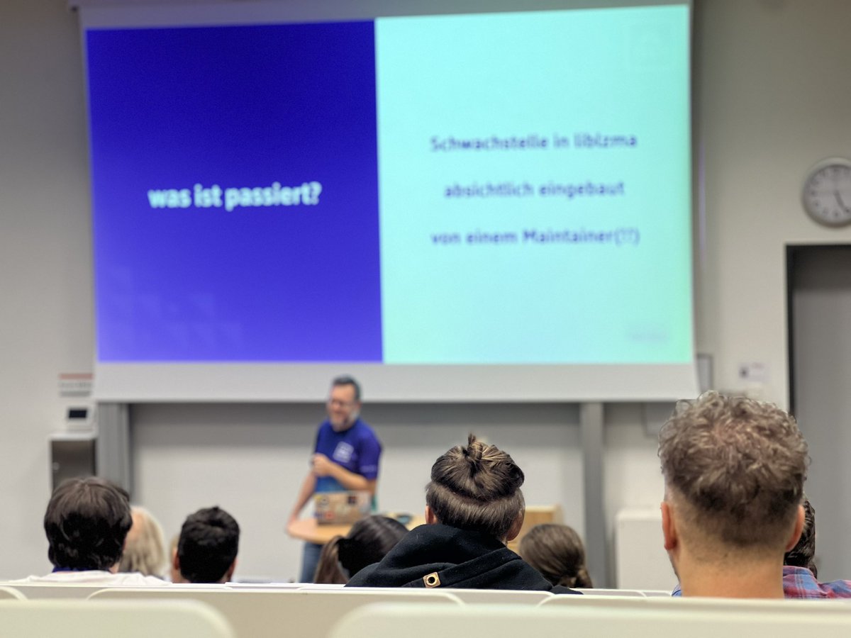 Tanja Ulianova👩🏻💻🇺🇦 (@techtanja) on Twitter photo Open Source security back door mysteries with Cristian! Thanks for taking us on a chilly adventure! 😱🕵️♂️ #DevFest2024 #DevFestKA2024 <a href="/GDGKarlsruhe/">GDG Karlsruhe</a> Open Source security back door mysteries with Cristian! Thanks for taking us on a chilly adventure! 😱🕵️♂️ #DevFest2024 #DevFestKA2024 <a href="/GDGKarlsruhe/">GDG Karlsruhe</a>