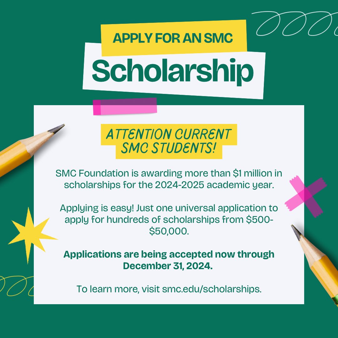 SMC_edu's tweet photo. Attention Current SMC Students! The SMC Foundation has 250+ different scholarships and is offering over $1.1 million in awards for the 2025-26 season. Applications are being accepted now through Dec. 31, 2024. Learn more: https://t.co/cHlOwNkmoM
#SMCFoundation #SMCScholarships https://t.co/wDu1HDkrGg