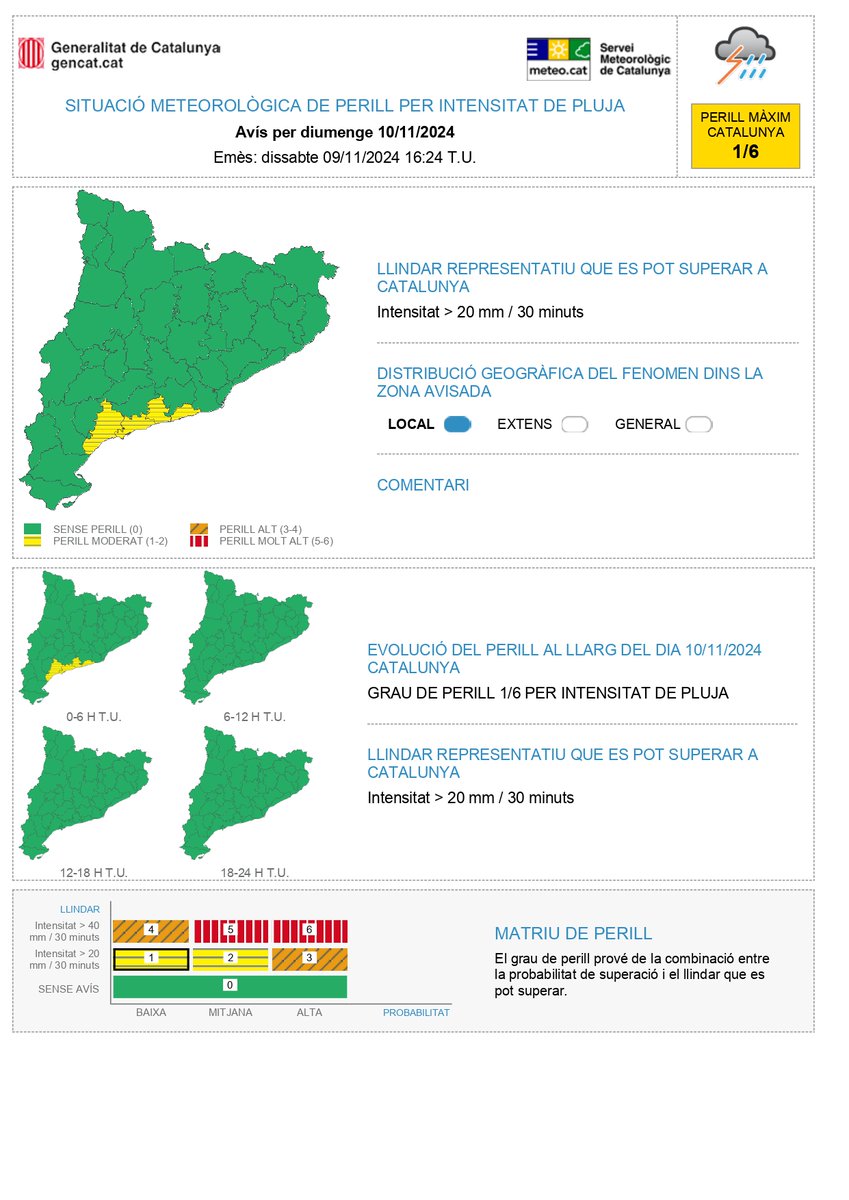 meteocat's tweet photo. ⚠️ El Servei Meteorològic de Catalunya actualitza l'avís de situació meteorològica de perill (#avisosSMP) per intensitat de pluja ⚠️

➡️Ds. a les 19 h -dg. a les 07h
➡️ Possibilitat de precipitació > 20 mm / 30 minuts
➡️ Grau de perill màxim🟡 2/6

⏲️Hora local (h) = TU+1 https://t.co/Rp4GuNB4rm