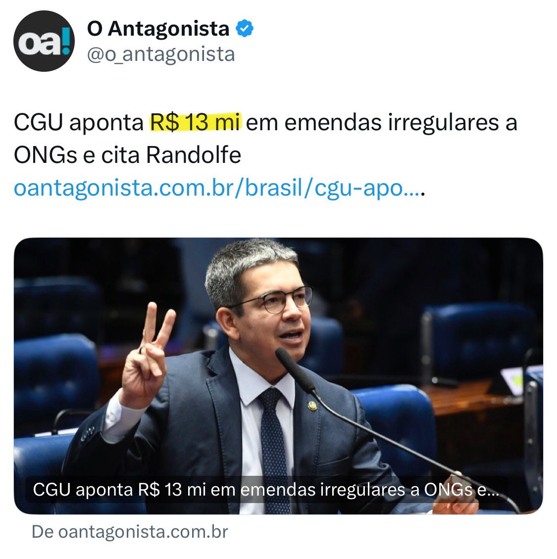 • CGU detectou IRREGULARIDADES em 6 de 10 repasses de emendas Pix para ONGs, somando R$ 13 MILHÕES.

• Relatório aponta influência direta de parlamentares, incluindo o senador Randolfe Rodrigues.

Sempre são ONGs e políticos de esquerda. Não falha 🤡