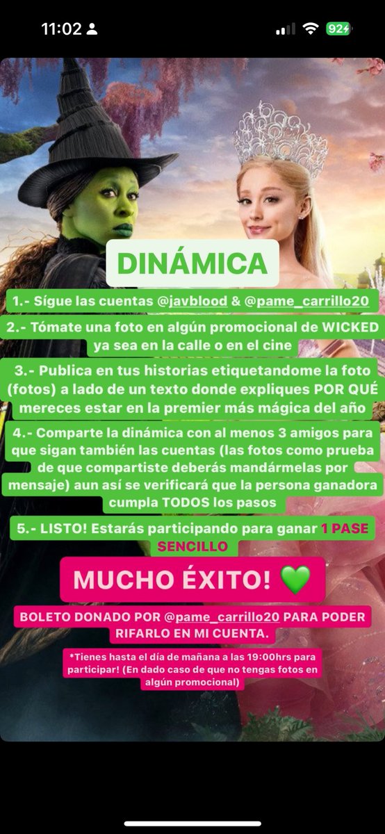 PamedeJB's tweet photo. Vayan a instagram para poder ganar un boleto ! Gracias a universal podras asistir a la premier de wicked y poder conocer ariana y cinthya ♥️🥰

#WickedEnMexico 
#Wicked 
#WickedEnMéxico https://t.co/Oz6Nz4gOVB