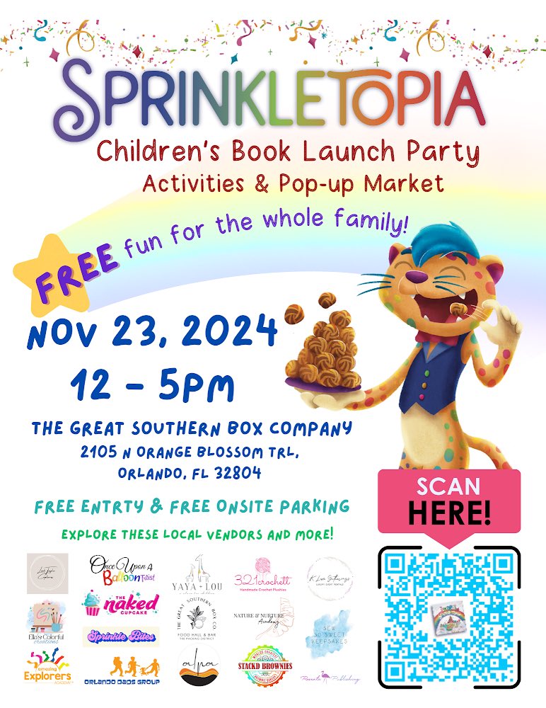 orlandodads's tweet photo. Come by to check out the launch of a new children’s book, Sprinkletopia, from an Orlando based author, Michelle Lipton.

There will be lots of fun activities and food for the whole family. Check out our latest podcast where we got to speak to the author. https://t.co/T8fpS6gKiw