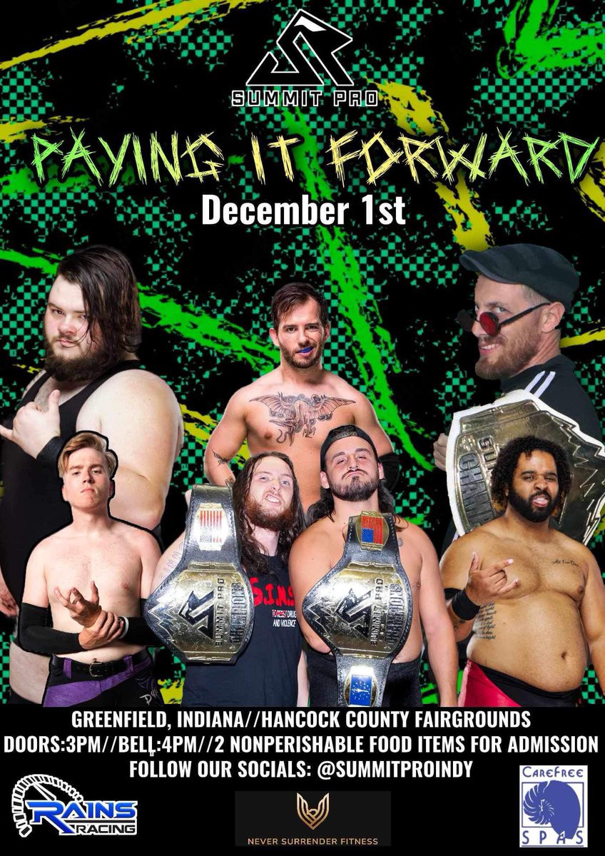 SummitProIndy's tweet photo. 4️⃣th annual benefit show
3️⃣ Summit Pro titles on the line
2️⃣ NONPERISHABLE FOOD ITEMS/ TOILETRIES for admission
1️⃣ place to be on Dec 1st!

🥫 Paying It Forward is our LAST show of the year! Don’t miss it! 🥫

(Ps- I heard the new owner will be in attendance this show!) https://t.co/4kdJ2oWccJ