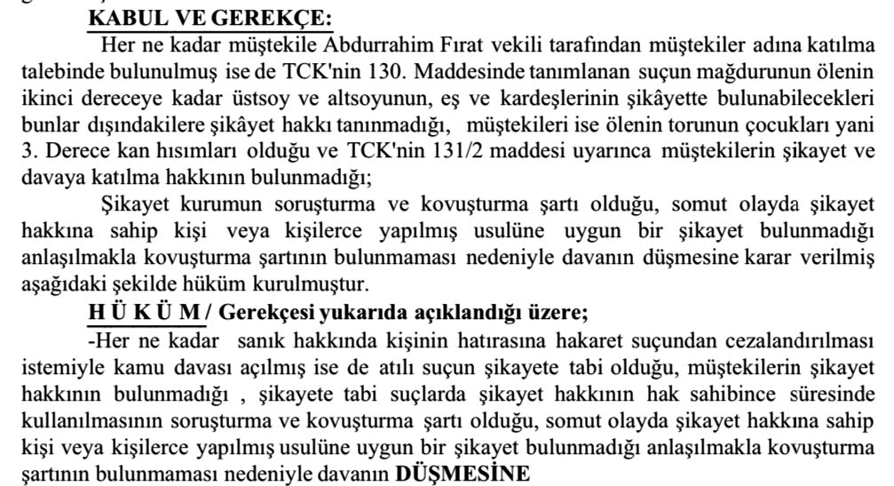 Kişinin Hatırasına Hakaret suçunda şikayet hakkı ölenin ikinci dereceye kadar alt soyu için tanınmıştır. Şeyh Sait’in torunuyuz diyerek şikayetçi olan kimseler soylarını ispat edemedikleri için davalar düşmektedir. Şeyh Sait’e hakaretle Halkı Kin ve Düşmanlığa Tahrik suçu da
