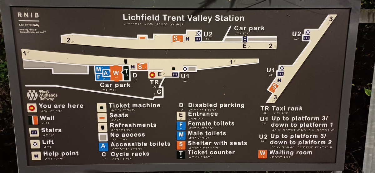 PurpleKeller's tweet image. Loving the tactile signage, platforms with tactile paving and simple and effective raised handrail signage pointing the way to the platforms at Lichfield Trent Valley Station. Hope to spot these features across the railway network soon. #DesignForEveryone @RNIB