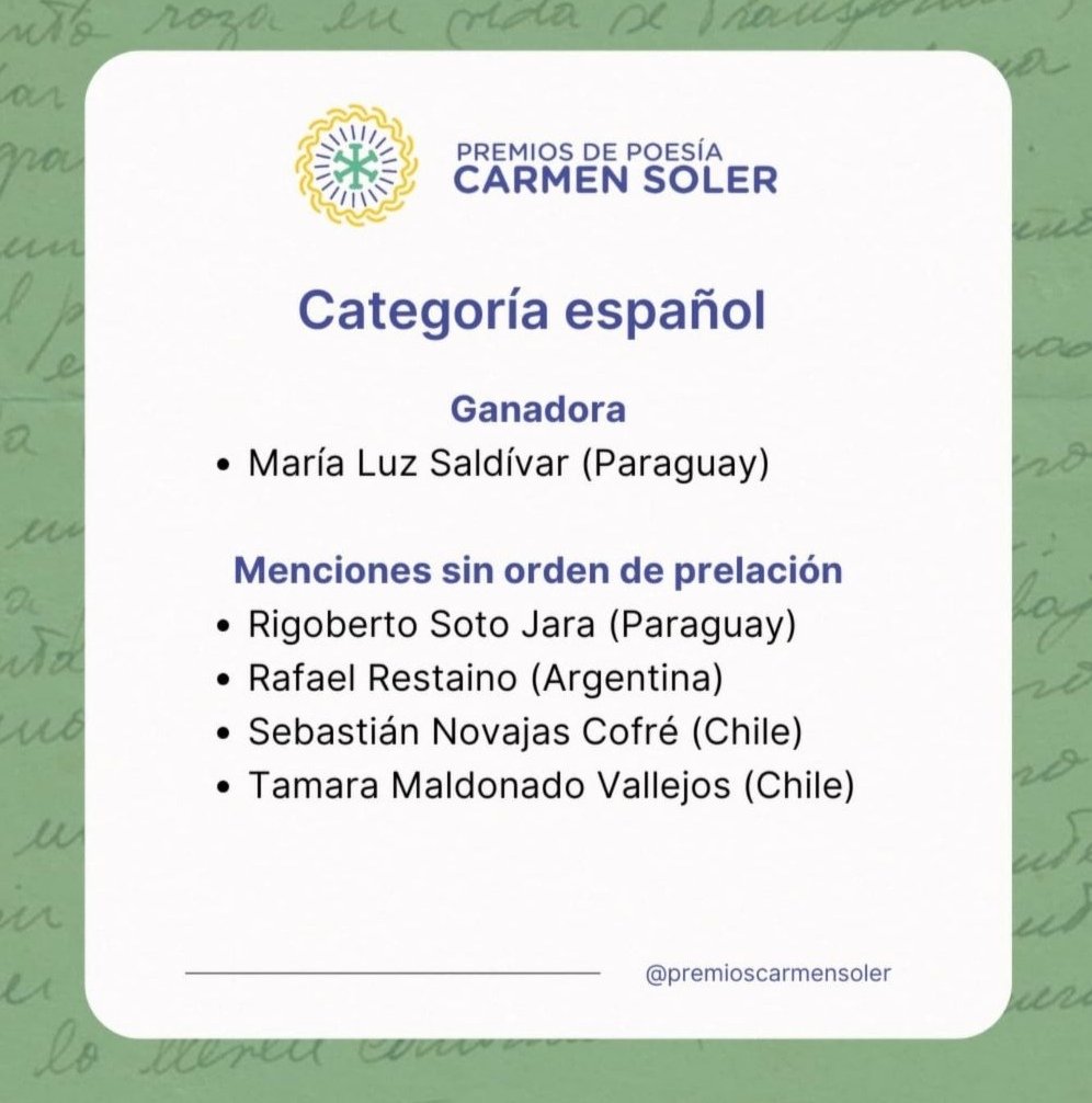 luzaldiv's tweet photo. ¡Gané el Premio Carmen Soler de Poesía 2024!😭😭😍😍🇵🇾 https://t.co/KphJiS1tJ2