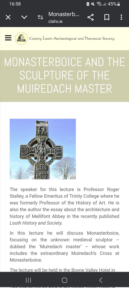 📢Next lecture:
Thursday, November 21st at 8p.m. The Boyne Valley Hotel in Drogheda.
Prof. Roger Stalley will focus on  the unknown medieval sculptor, the ‘Muiredach master’ whose work includes the extraordinary Muiredach’s Cross at Monasterboice.
bit.ly/3O3t2xc