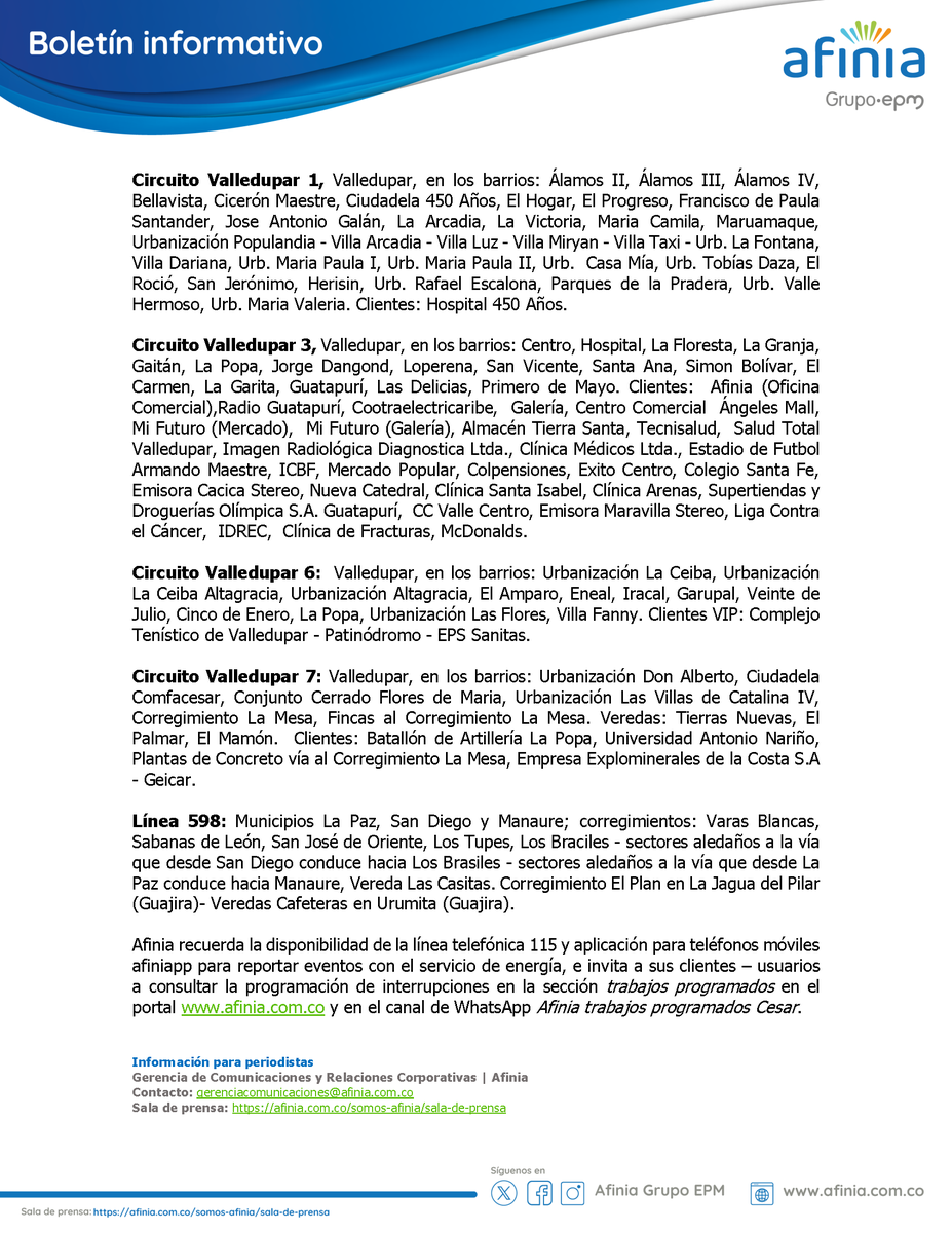 AfiniaGrupoEPM's tweet photo. Agendate.
Para minimizar el impacto durante el tiempo que estarán sin energía las zonas atendidas por los trabajos de #Transelca a sus equipos en la subestación #Valledupar, el  11 de noviembre, realizaremos mantenimiento  al transformador de potencia en la subestación Guatapurí. https://t.co/BvSgqC8MZM