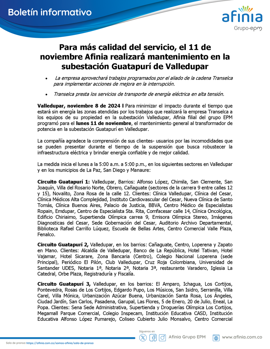 AfiniaGrupoEPM's tweet photo. Agendate.
Para minimizar el impacto durante el tiempo que estarán sin energía las zonas atendidas por los trabajos de #Transelca a sus equipos en la subestación #Valledupar, el  11 de noviembre, realizaremos mantenimiento  al transformador de potencia en la subestación Guatapurí. https://t.co/BvSgqC8MZM