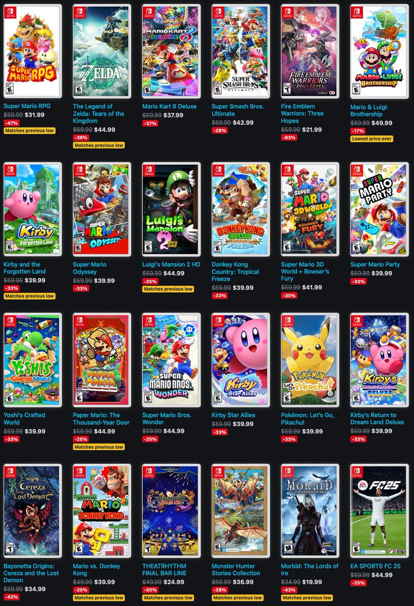Nintendeal's tweet photo. if you like buying your games physical and you don't care what language the box art is in then you should check out this sale on Woot (ships from Amazon basically): https://t.co/0OrdmBqmGi

I recommend literally EVERYTHING on this list... except EA Sports FC 25 lol https://t.co/PchBEyi73x
