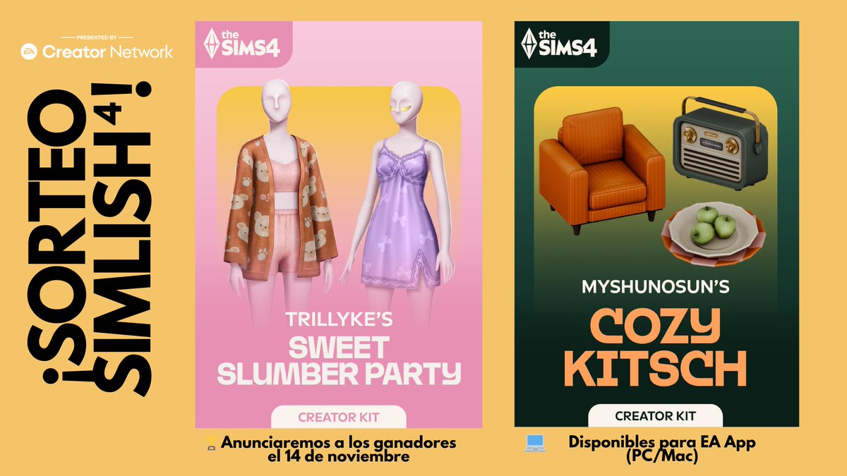 Simlish4's tweet photo. 🚨SORTEO🚨⁣ ⁣   ⁣
⁣ ⁣   ⁣
#Simlish4 y @LosSimsES te da la oportunidad de ganar una copia de los kits de #LosSims4 #CaprichosKitsch y #FiestaDePijamas. Sólo debes hacer lo siguiente:⁣ ⁣   ⁣
⁣ ⁣   ⁣
✅Seguirnos en Twitter⁣  ⁣
✅Seguir a @LosSimsES y @EA_Espana    ⁣
✅Dar RT a este Tweet⁣ ⁣   ⁣
✅Comenta qué kit quieres ganar⁣ ⁣   ⁣
⁣ ⁣   ⁣
Suerte 🍀 ⁣
  ⁣
#Ad #EAPartner