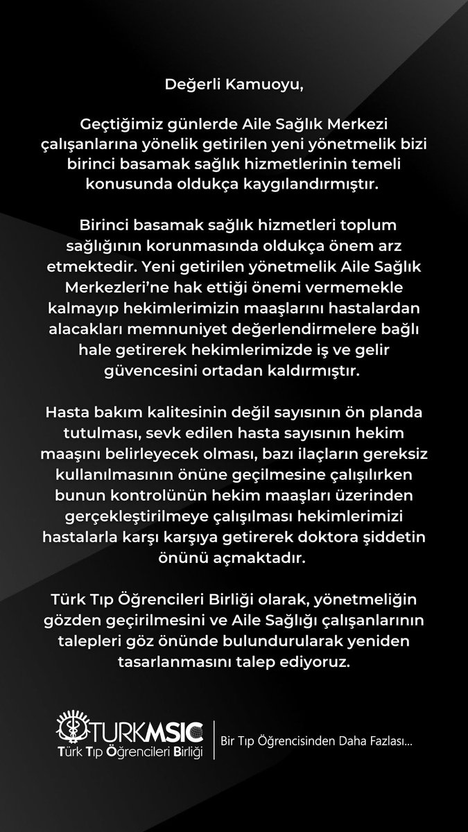 TurkMSIC (@turkmsic) on Twitter photo Türk Tıp Öğrencileri Birliği olarak Aile Sağlık Merkezi çalışanlarına yönelik getirilen yönetmeliğin gözden geçirilmesini ve yeniden tasarlanmasını talep ediyoruz. <a href="/saglikbakanligi/">T.C. Sağlık Bakanlığı</a> <a href="/sagliklicozum/">T.C. Sağlık Bakanlığı Sağlıklı Çözüm</a> Türk Tıp Öğrencileri Birliği olarak Aile Sağlık Merkezi çalışanlarına yönelik getirilen yönetmeliğin gözden geçirilmesini ve yeniden tasarlanmasını talep ediyoruz. <a href="/saglikbakanligi/">T.C. Sağlık Bakanlığı</a> <a href="/sagliklicozum/">T.C. Sağlık Bakanlığı Sağlıklı Çözüm</a>