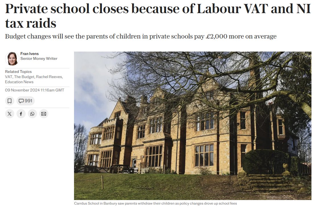 Now the 10th private school closes due to tax.

It blames the closure on Labour hiking National Insurance as well as VAT.

Of course Labour has exempted state schools and the rest of the public sector from the NI hike.

Blatant discrimination against the private sector.