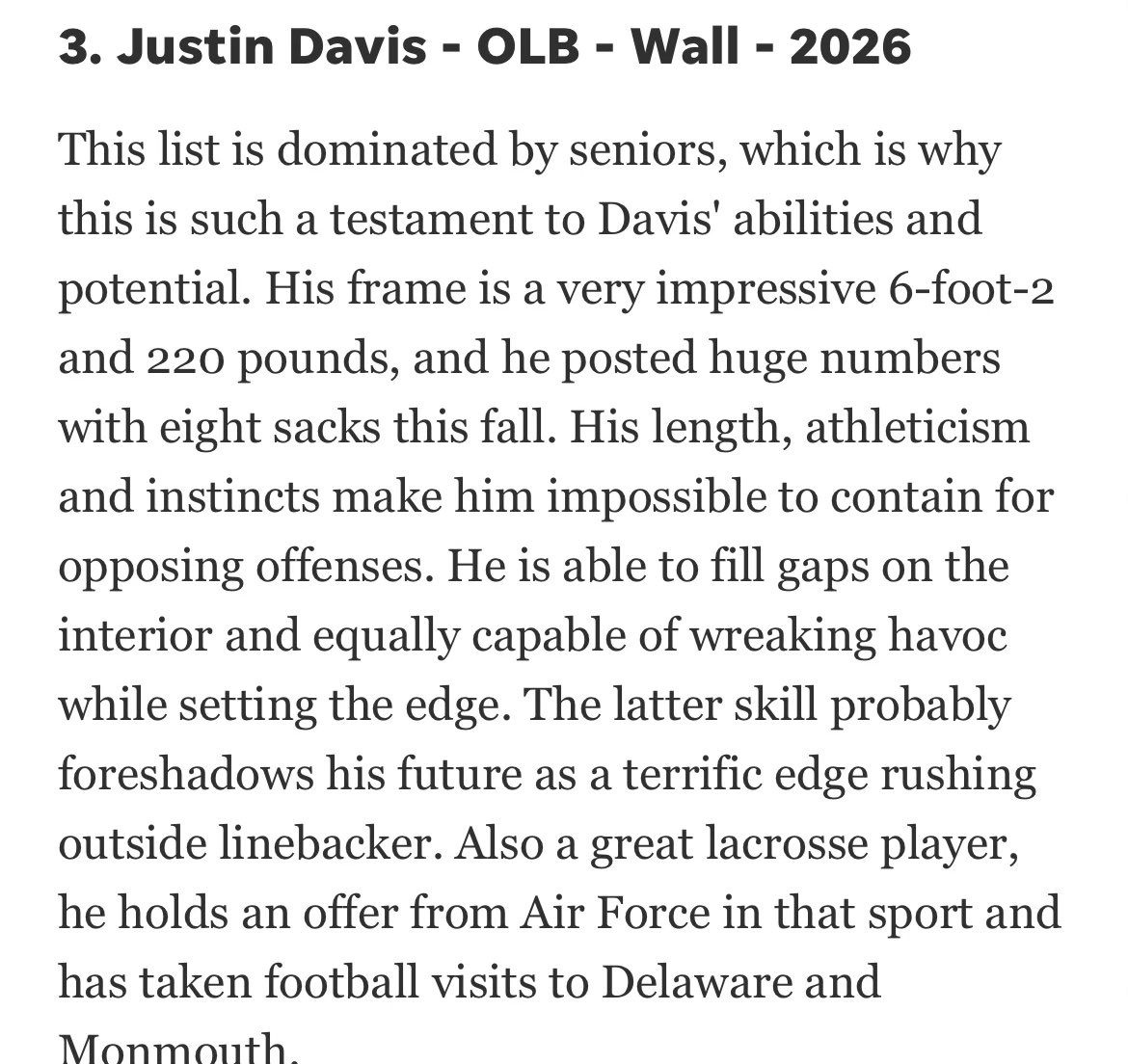 Justin Davis (@justindavis44_) on Twitter photo Happy to be recognized as one of the top outside LB’s in the shore conference.<a href="/WallKnightsFB/">Wall Knights Football</a> Happy to be recognized as one of the top outside LB’s in the shore conference.<a href="/WallKnightsFB/">Wall Knights Football</a>