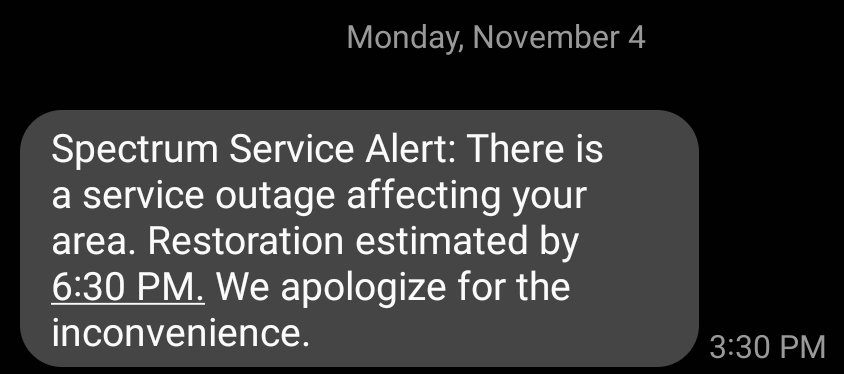 colangelog's tweet photo. If you can avoid it, do not ever get internet from @GetSpectrum, In zip code 34746 I feel I have the internet of a third world country with all these outages, at least once a month, it's unbelievable. And don't even bother trying to contact @Ask_Spectrum, it is pointless. https://t.co/gjc9hDbQZN