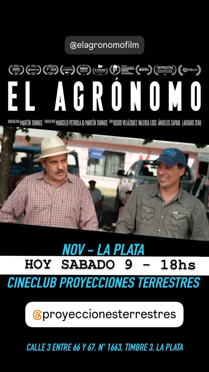 martinturnes's tweet photo. ⭐️ HOY SAB 9 de NOV
🎬 @ElAgronomoFilm

17h @elculturalsm CABA CC AD
18h Cineclub Proyecciones Terrestres LA PLATA
18h Festival RIE MAGDALENA
21h @elculturalsm CABA CC

#cineargentino #elagronomo #cineenelcine #defiendocineargentino #closecaption #audiodescripcion https://t.co/GuMV0U0dt3