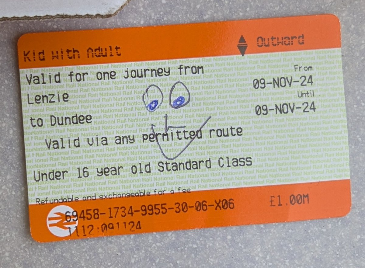 Oi <a href="/ScotRail/">ScotRail</a> - your conductor on the 12.58 Edinburgh to Dundee train made the wee man's day by providing his accurate portrait when checking his ticket 😊