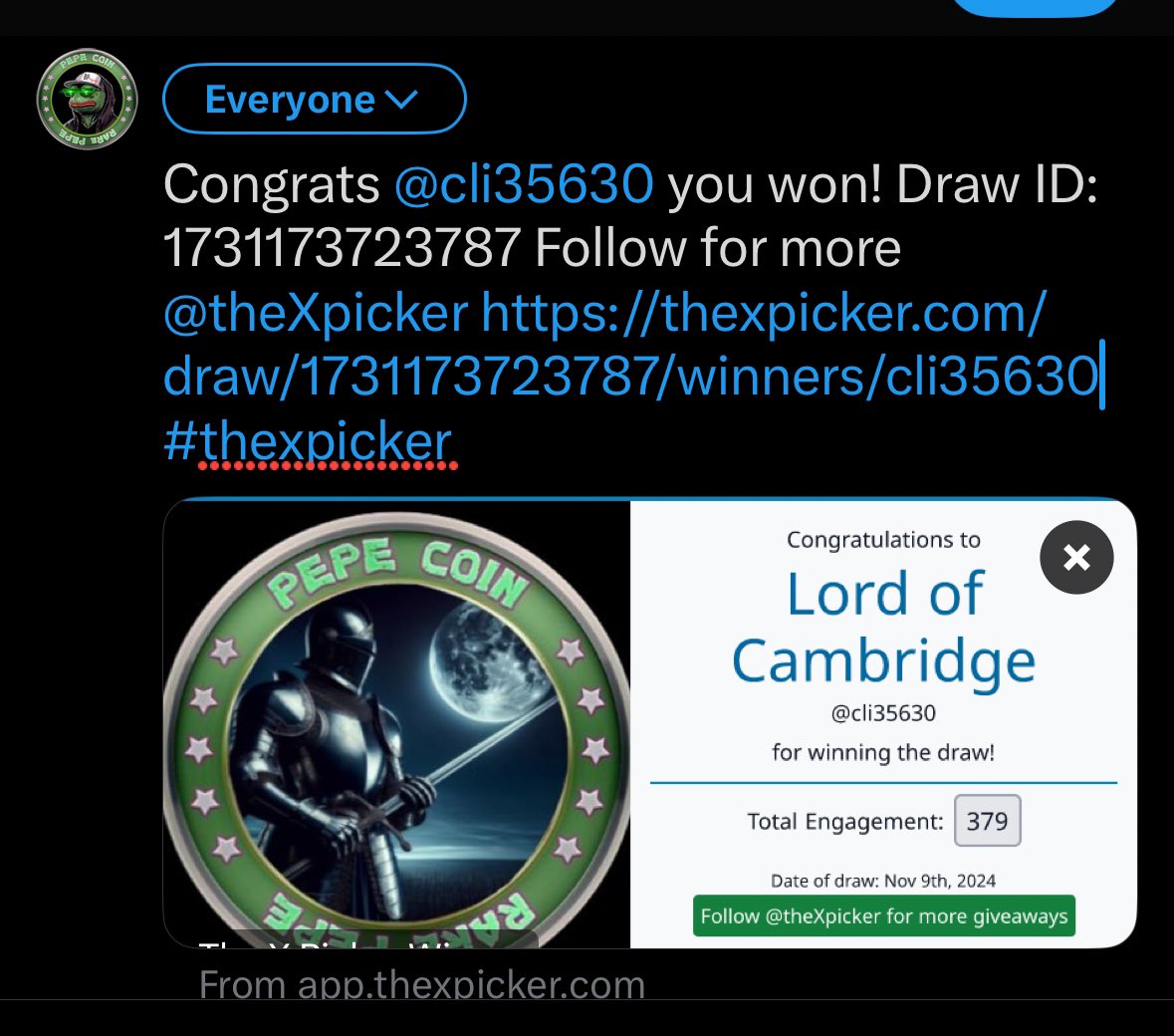 BPCRYPTO11's tweet photo. Congrats @cli35630 you won! Draw ID: 1731173723787 Follow for more!! See video from drawing. https://t.co/vn5VdMdUoJ