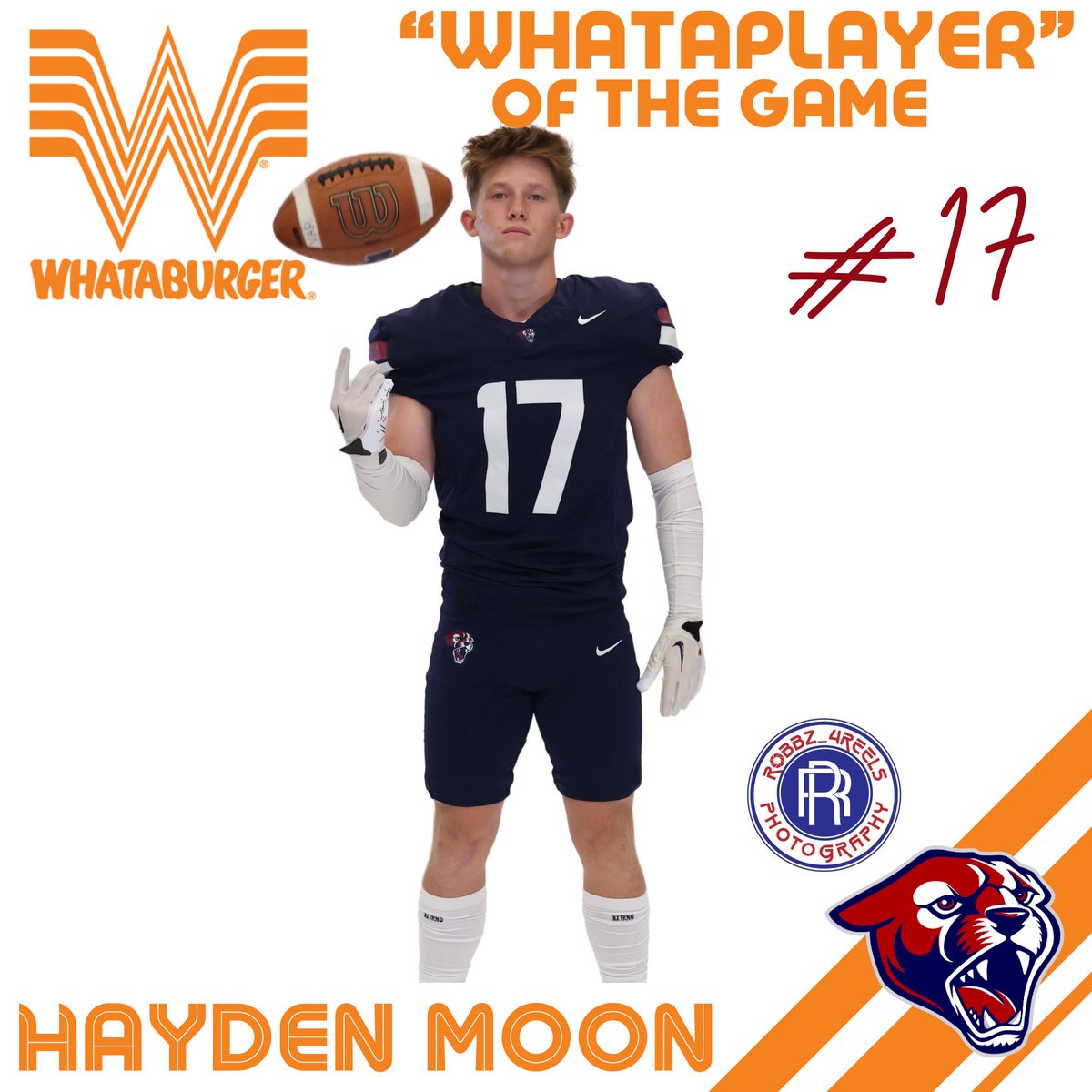 #Game10 Congratulations <a href="/HaydenMoon06/">Hayden Moon</a> you are the “WhatAPlayer” of the Game! 🏈🐾 #PumaNation thanks <a href="/Whataburger/">Whataburger®</a> our #PlayerOfTheGame Sponsor. 🍔