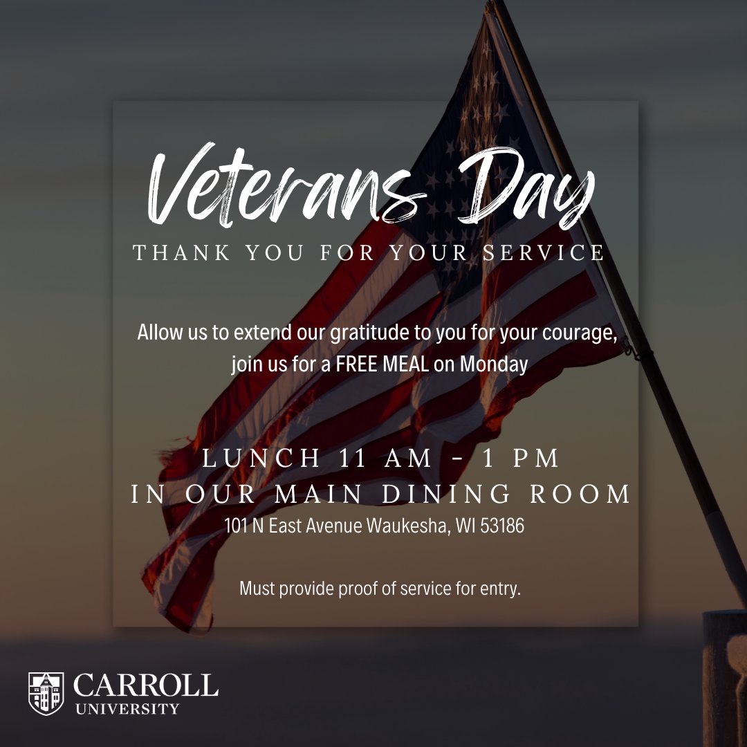 🇺🇸 This Veterans Day, we honor those who served. Veterans, join us for a complimentary lunch in the Main Dining Room as a small token of our gratitude. Your courage and dedication inspire us daily!

Please provide proof of service for entry

#ThankYouVeterans #carrolludining