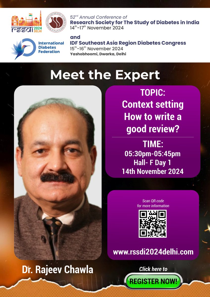 RSSDI2024delhi's tweet photo. Join Dr. Rajeev Chawla for "How to Write a Good Review" at #RSSDI2024!
📅 14th November
🕠 05:30 pm - 05:45 pm
📍 Hall F
Gain valuable tips for crafting impactful reviews. Don’t miss out!
#ResearchWriting #ReviewTips #DiabetesConference https://t.co/f3eZD4khX5
