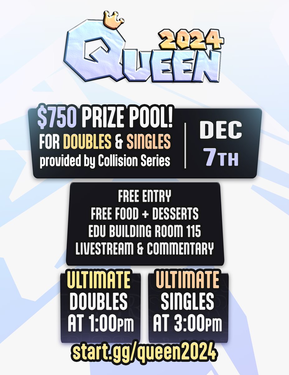 TCNJ Lions Gaming (@tcnjlionsgaming) on Twitter photo We are VERY excited to announce Queen 2024, our final fall semester tournament! This is an event you won't want to miss! Startgg link is in the replies, we hope to see you there for what might be our biggest event ever!👑
Thank you to <a href="/its_hues/">WG Daniel Hues</a> for making this beautiful graphic! We are VERY excited to announce Queen 2024, our final fall semester tournament! This is an event you won't want to miss! Startgg link is in the replies, we hope to see you there for what might be our biggest event ever!👑
Thank you to <a href="/its_hues/">WG Daniel Hues</a> for making this beautiful graphic!