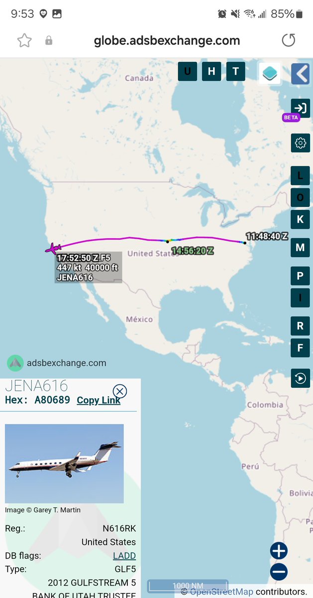 Borrowed7Time's tweet photo. US DOJ/FBI Gulfstream G550 N616RK #A80689 as JENA616 out of Manassas via Topeka, about to cross the Pacific. Possible destination may be Hawaii. 
@sipjack1776 @toystark6886 https://t.co/FpdFDlqHMX