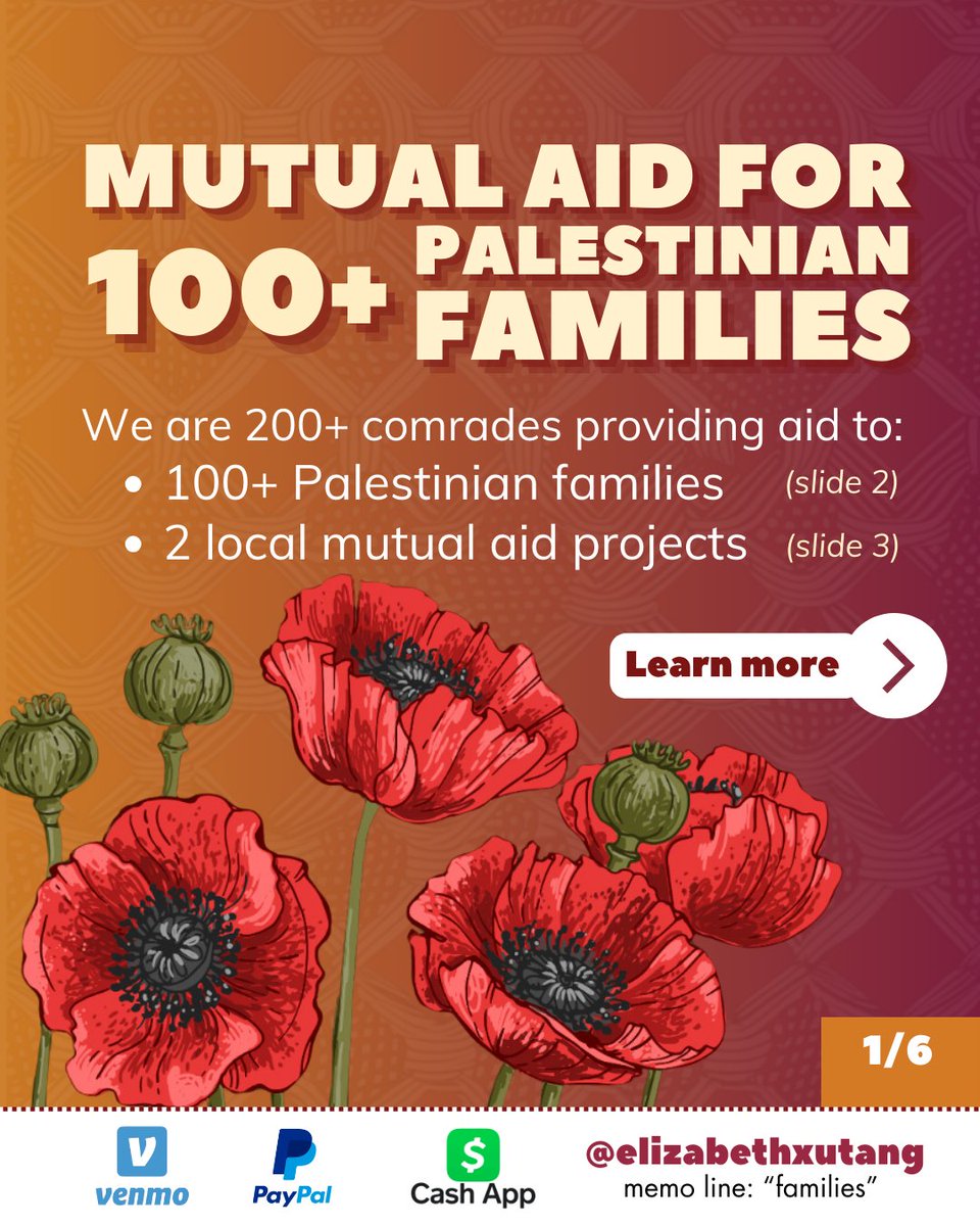 I'm working with <a href="/elizabethxutang/">Elizabeth Xu Tang</a> &amp; 200+ comrades to fundraise for 100+ Palestinian families and 2 mutual aid projects in Gaza!

DONATE: 
1⃣ venmo.com/u/elizabethxut…
2⃣ paypal.com/paypalme/eliza…
3⃣ cash.app/$elizabethxuta…