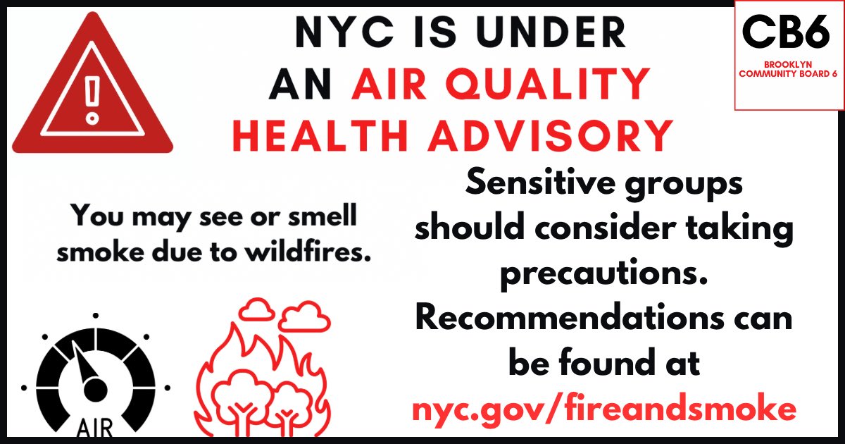 BrooklynCB6's tweet photo. NYC is under an and air quality health advisory. Sensitive groups should consider taking precautions.

Recommendations can be found at 
https://t.co/CVn9iKRkk5 https://t.co/Btby4lEkDP