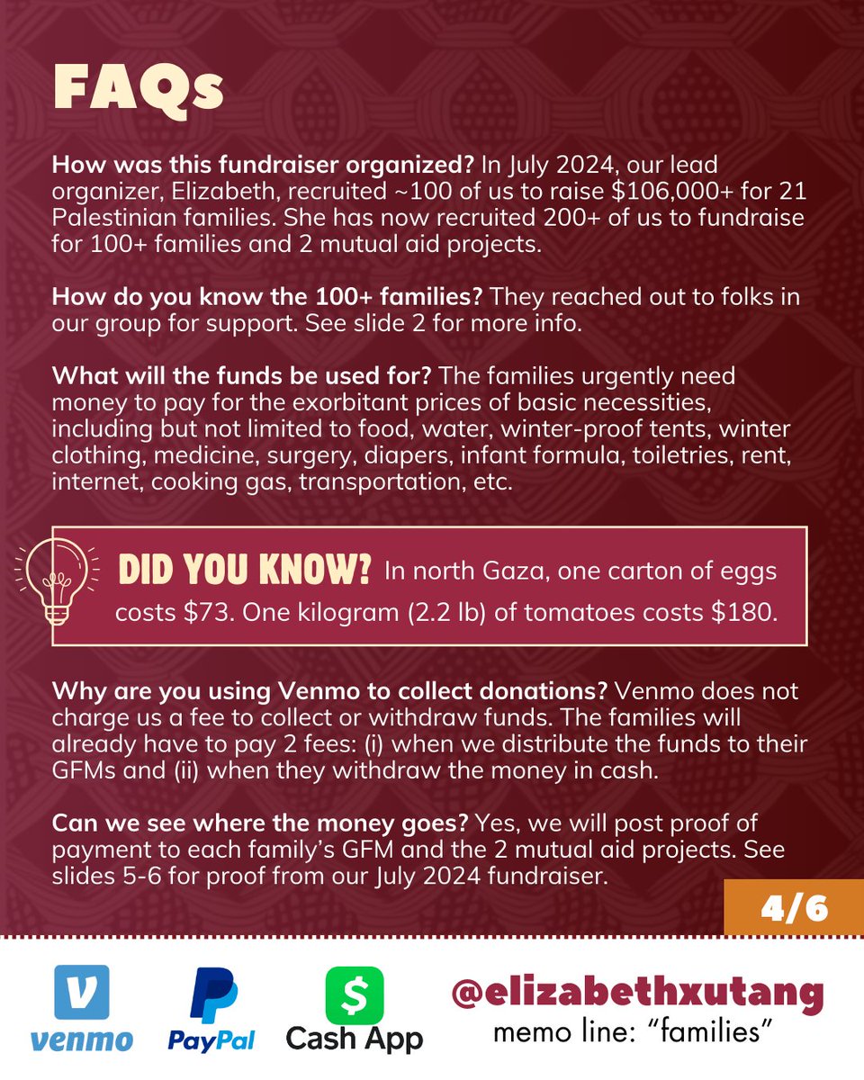 Did you know? In North Gaza, one carton of eggs costs $73. One kilogram (2.2 lb ) of tomatoes costs $180.

More about the fundraiser, how it is organized, and what happens to the funds 👉🏽