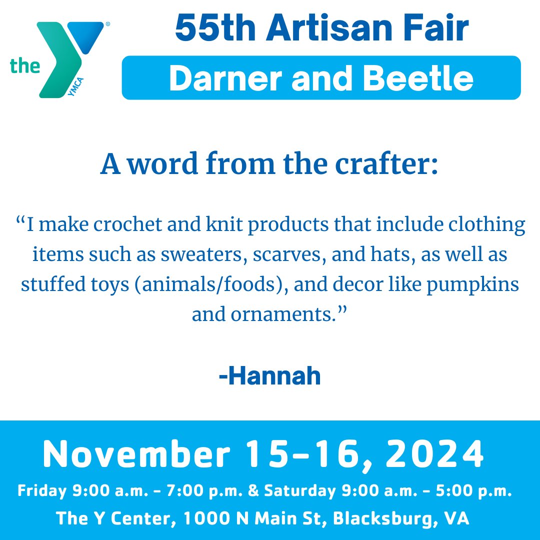 Meet Your Vendors!
Darner and Beetle from Blacksburg, VA, will be at the YMCA's 55th Artisan Fair! Find cozy crochet &amp; knit goods—sweaters, scarves, hats, plus adorable stuffed toys and seasonal decor like pumpkins and ornaments!

🗓️ Nov 15-16
📍 YMCA Thrift
#YMCAArtisanFair
